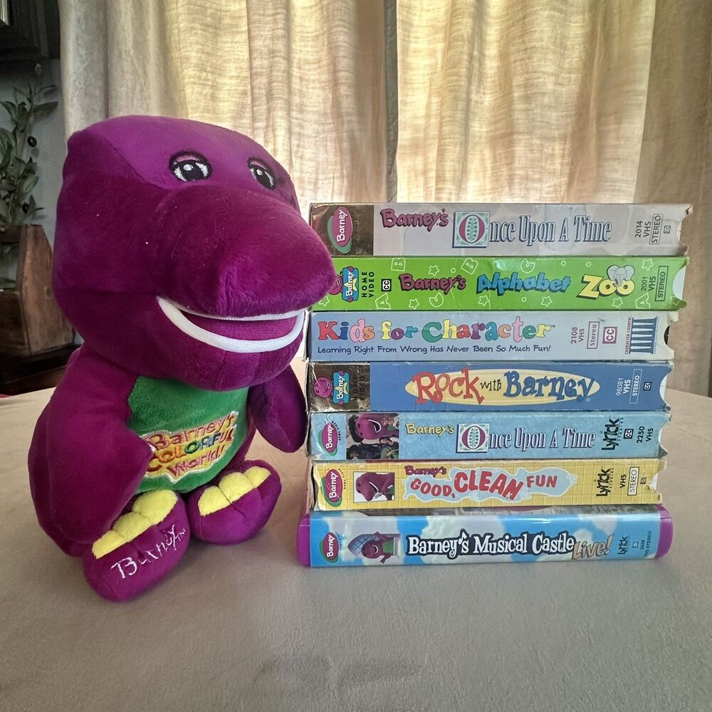 Lot Of 7 Vintage Barney VHS Tapes & Musical Singing Plush Retro 1990s Nostalgia